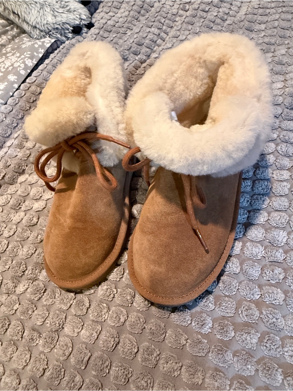 UGG Chestnut Suede Shearling Cuff Lace-Up Ankle Slippers kids 2
